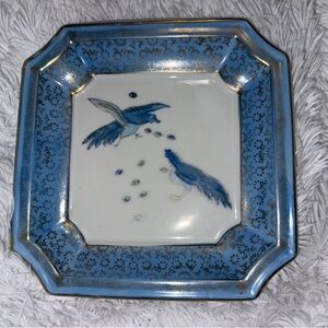 Vintage Japanese Square Plate Blue Birds Gold Accent